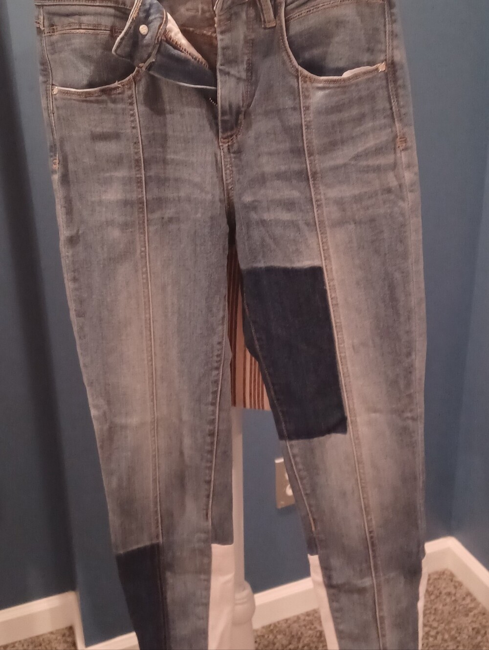 bebe Two-Tone Light Blue Skinny Jeans with Dark Patch